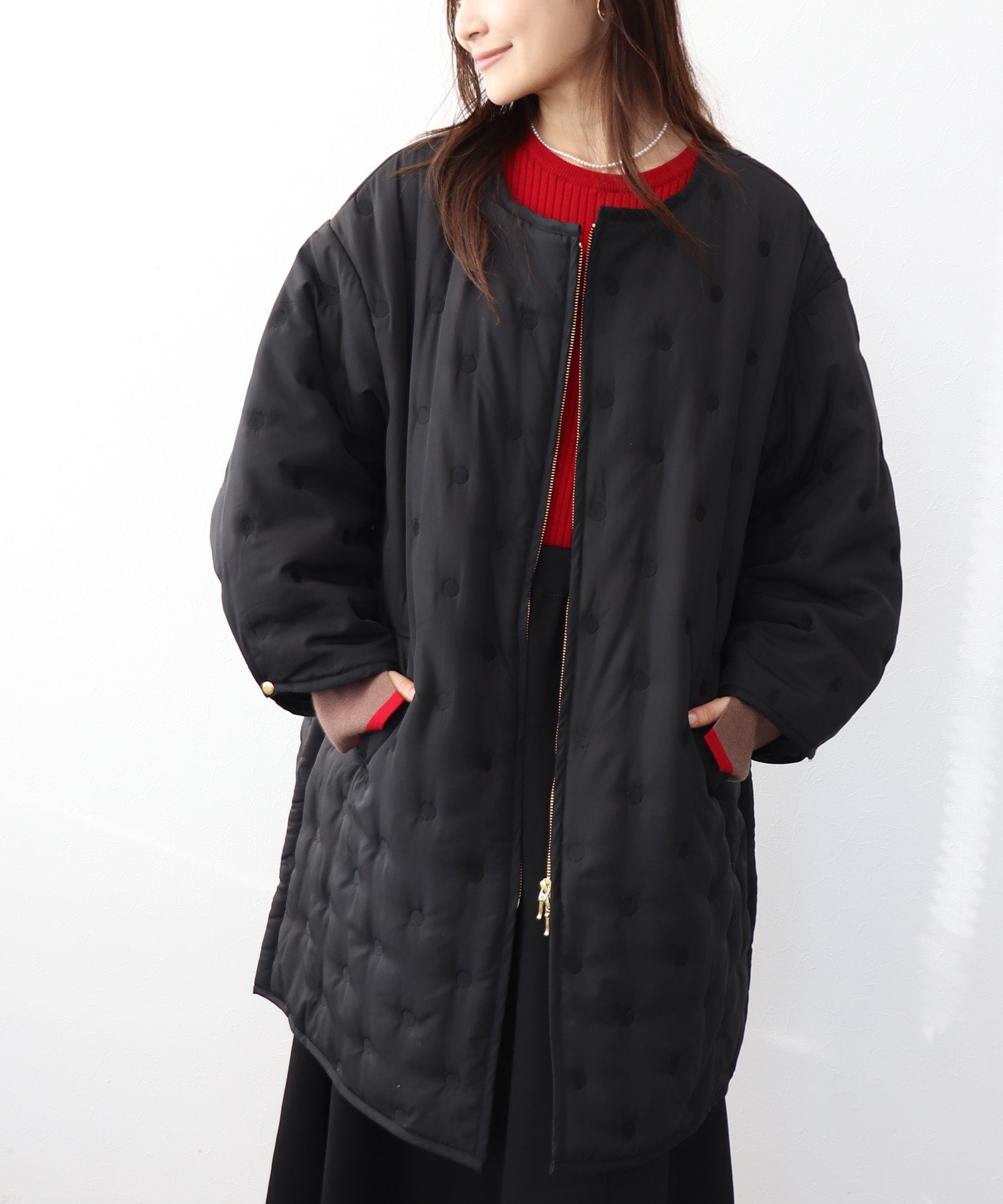 ドット刺繍キルティング 中綿ノーカラーコート