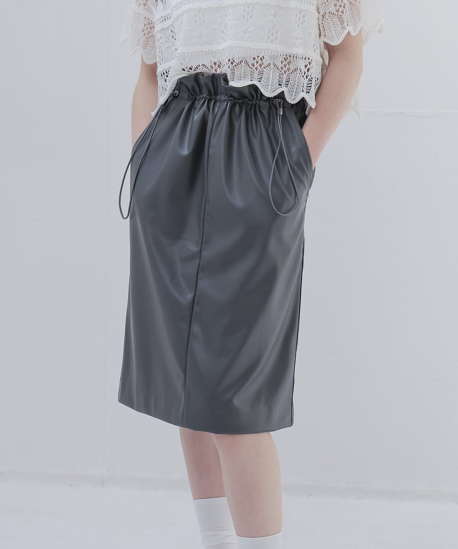 drawstring smooth leather like skirt