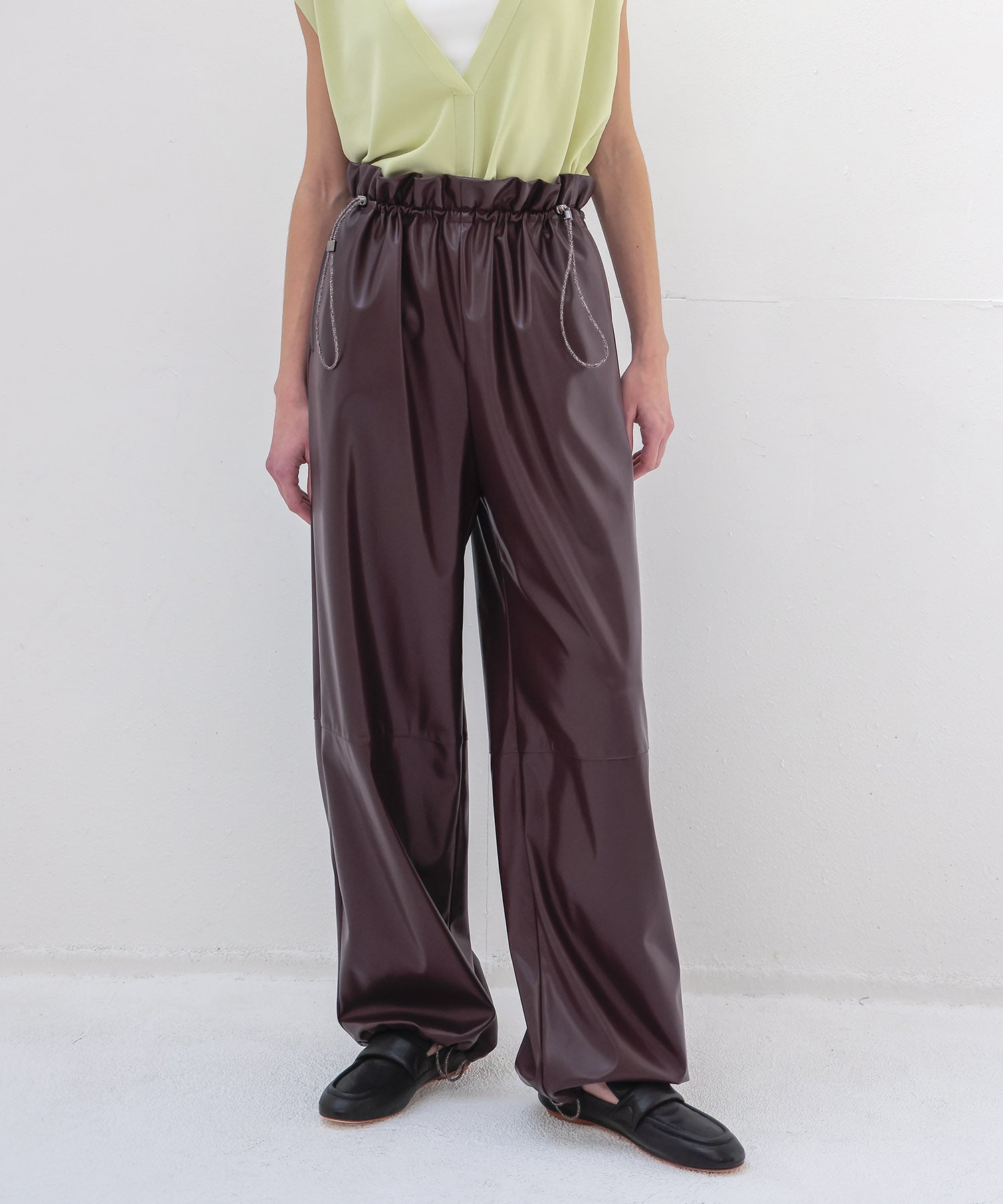 drawstring smooth leather like wide pants